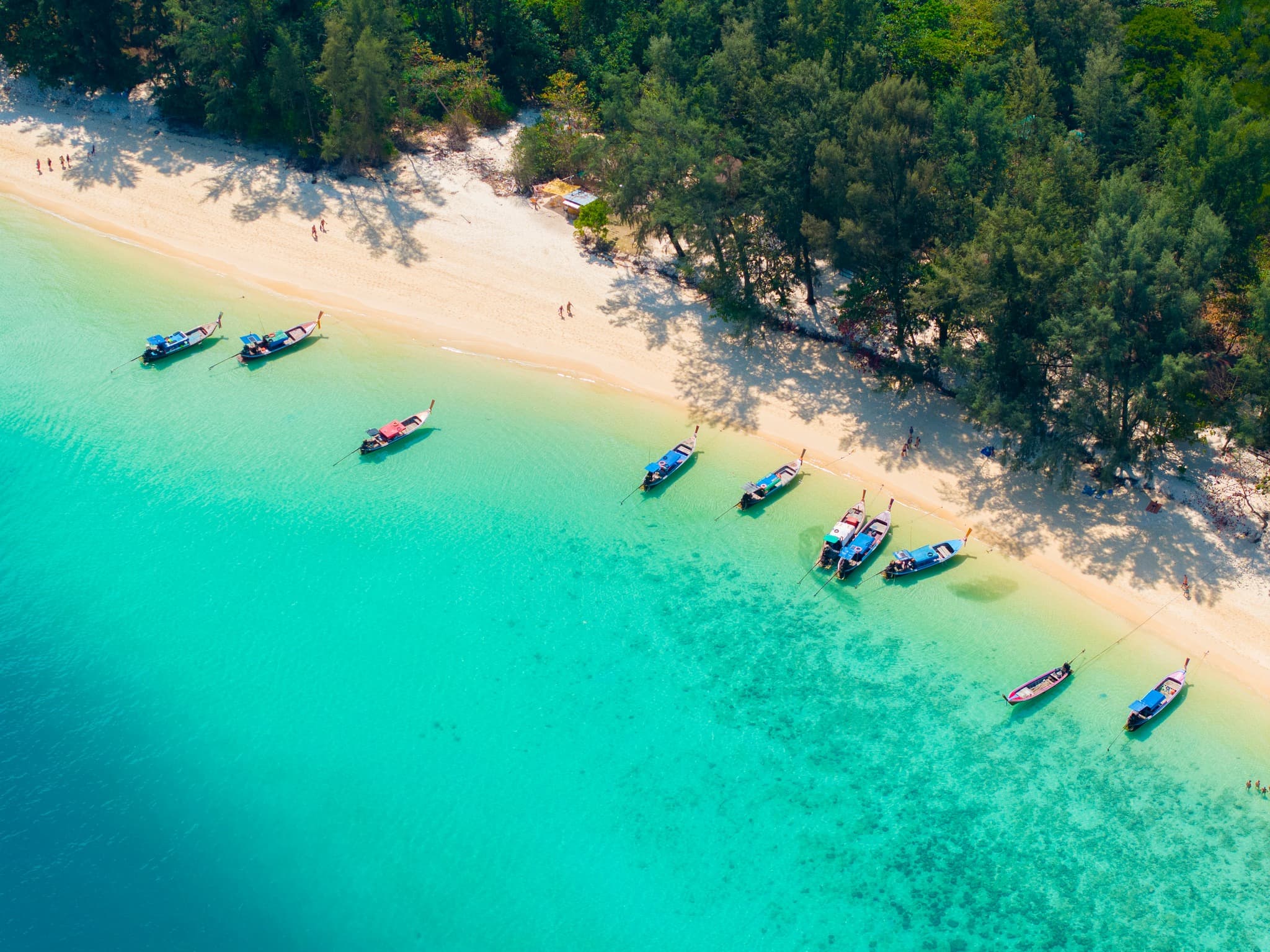 Longtail boats on a turquoise Trang beach
